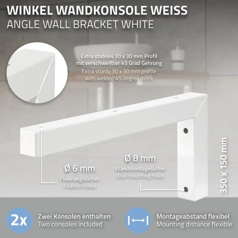 Wandkonsole Regalhalterung 2er Set 350 x 150 mm weiß aus Stahl ML-Design