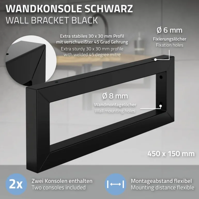 Wandkonsole Regalhalterung 2er Set 450 x 150 mm schwarz aus Stahl ML-Design