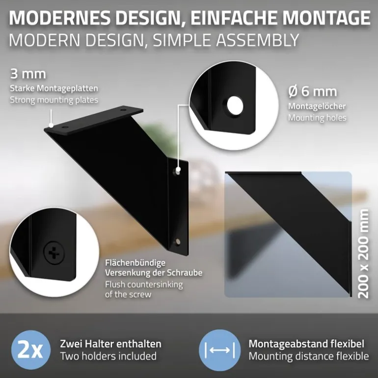 Wandkonsole Regalhalterung 2er Set 200 x 200 mm Schwarz aus Stahl ML-Design
