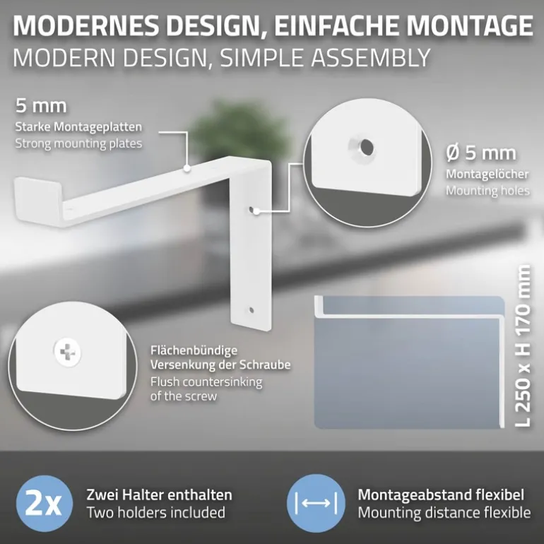 Wandkonsole Regalhalterung 2er Set 250 x 145 mm Weiß aus Stahl ML-Design