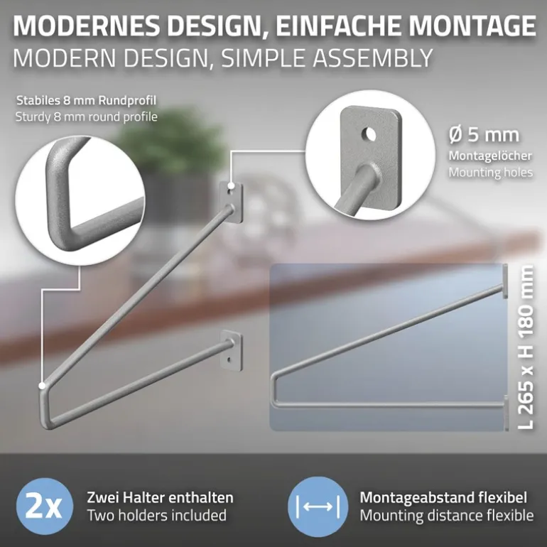 Wandkonsole Regalhalterung 2er Set 265 x 180 mm Grau aus Stahl ML-Design