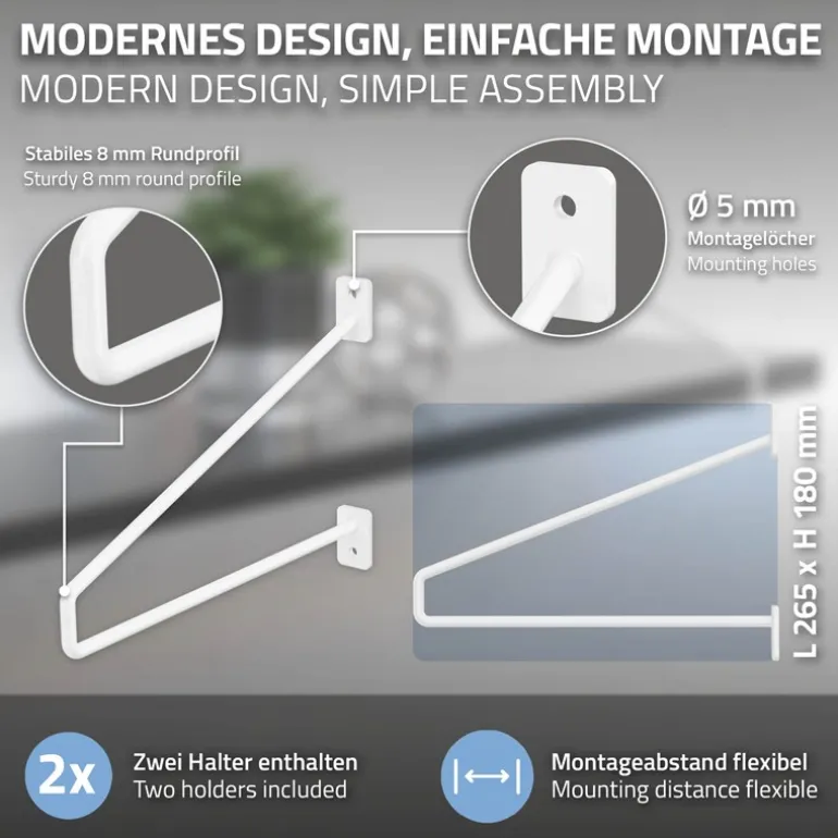 Wandkonsole Regalhalterung 2er Set 265 x 180 mm Weiß aus Stahl ML-Design