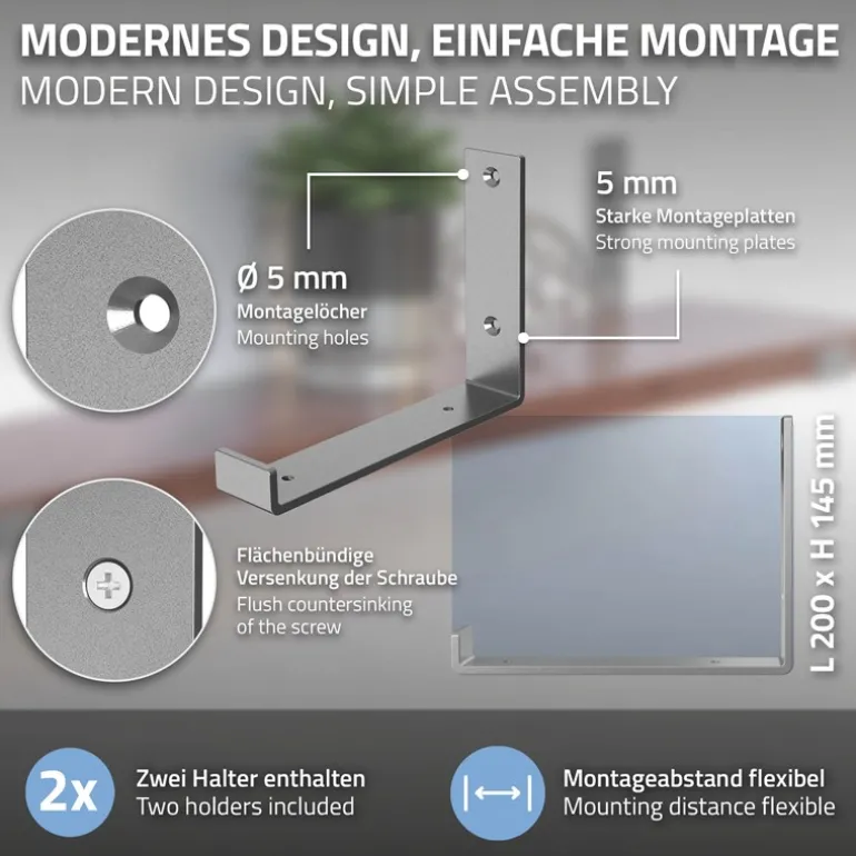Wandkonsole Regalhalterung 2er Set 200 x 140 mm Grau Stahl ML-Design