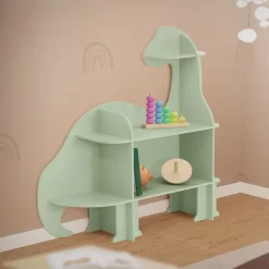Wandregal fürs Kinderzimmer Dino mit Umfallschutz und abgerundet in Grün aus Holz Joyz