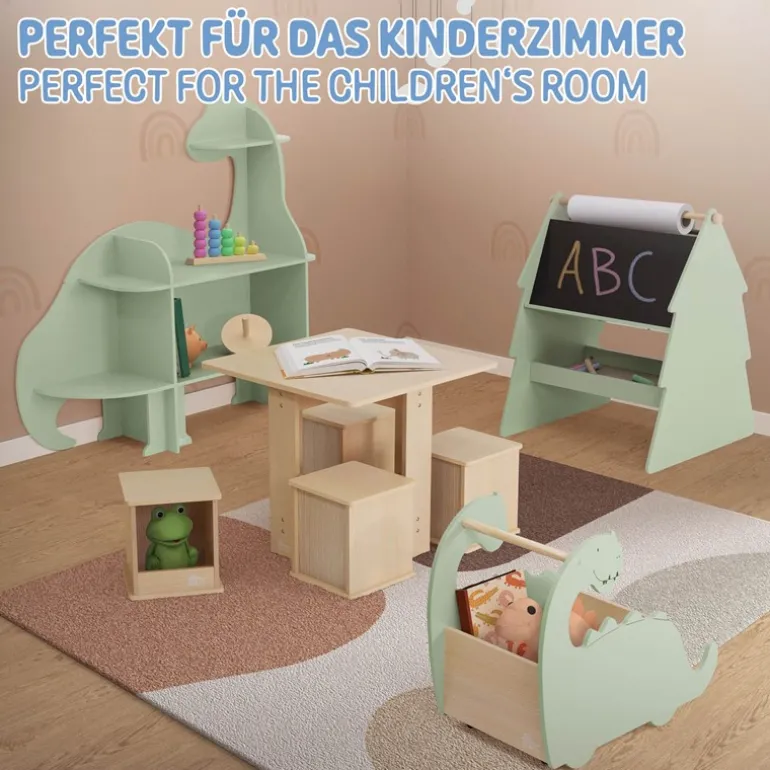 Wandregal fürs Kinderzimmer Dino mit Umfallschutz und abgerundet in Grün aus Holz Joyz