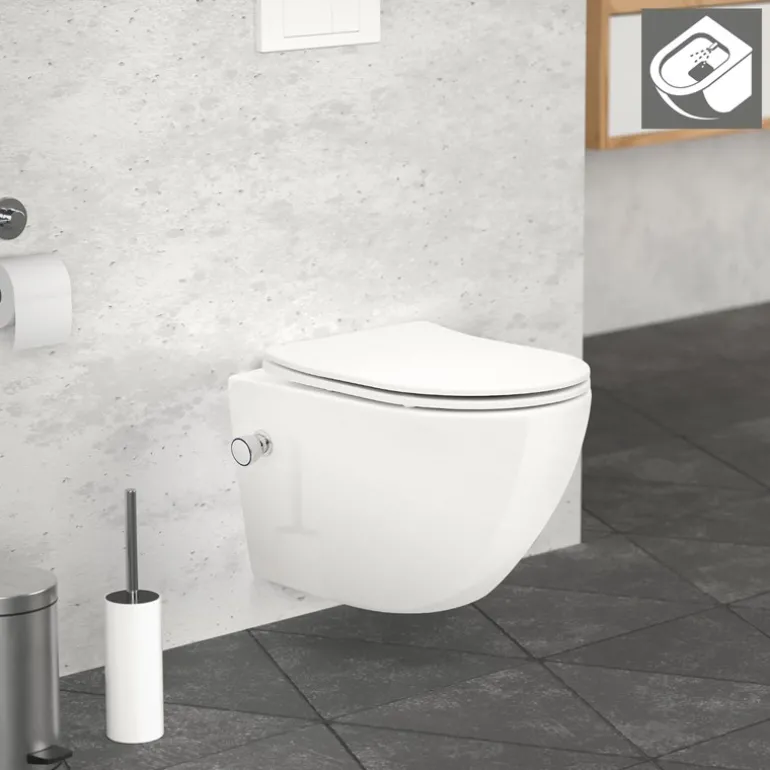 Wand-WC Hänge Toilette aus Keramik 49 cm lang Spülrandlos mit Bidet & Softclose LuxeBath