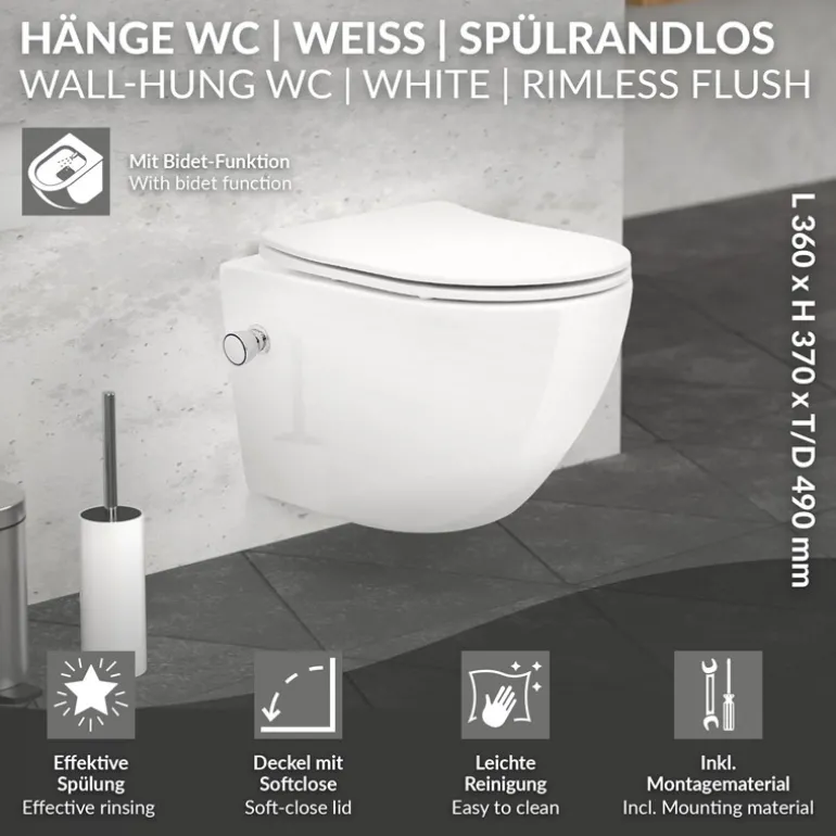 Wand-WC Hänge Toilette aus Keramik 49 cm lang Spülrandlos mit Bidet & Softclose LuxeBath