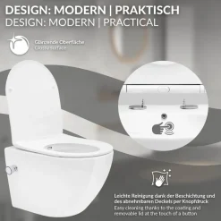 Wand-WC Hänge Toilette aus Keramik 49 cm lang Spülrandlos mit Bidet & Softclose LuxeBath