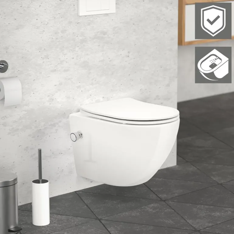 Wand-WC Hänge Toilette aus Keramik 49 cm lang Spülrandlos mit Bidet, Nanoversiegelung & Softclose Luxebath
