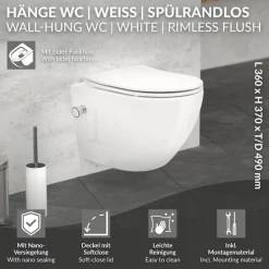 Wand-WC Hänge Toilette aus Keramik 49 cm lang Spülrandlos mit Bidet, Nanoversiegelung & Softclose Luxebath
