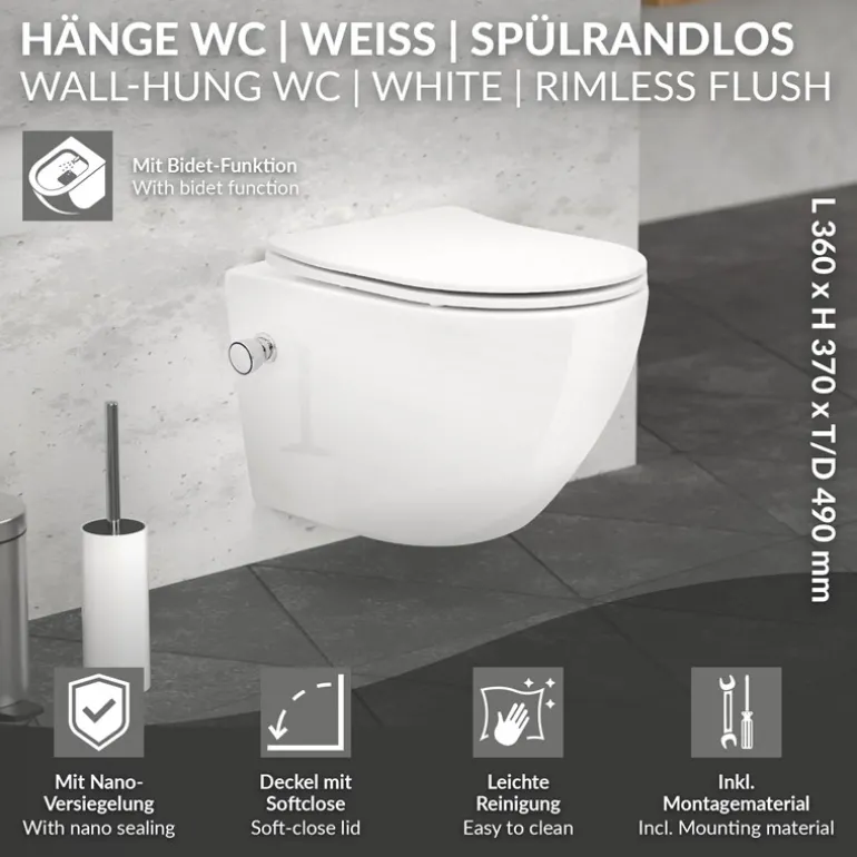 Wand-WC Hänge Toilette aus Keramik 49 cm lang Spülrandlos mit Bidet, Nanoversiegelung & Softclose Luxebath