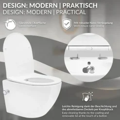 Wand-WC Hänge Toilette aus Keramik 49 cm lang Spülrandlos mit Bidet, Nanoversiegelung & Softclose Luxebath