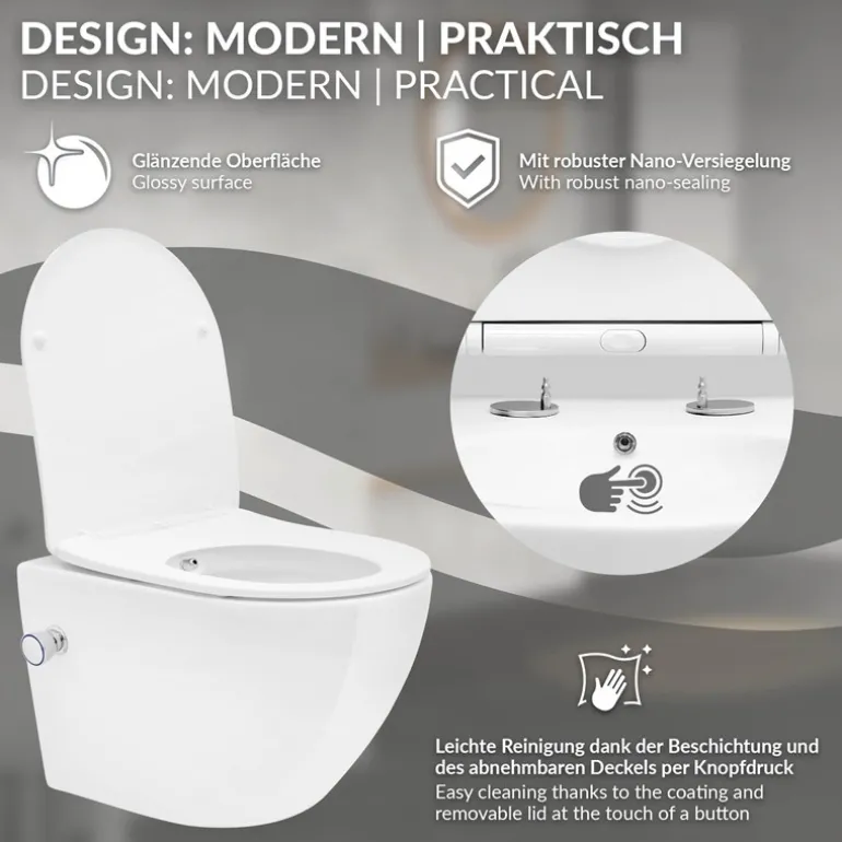 Wand-WC Hänge Toilette aus Keramik 49 cm lang Spülrandlos mit Bidet, Nanoversiegelung & Softclose Luxebath