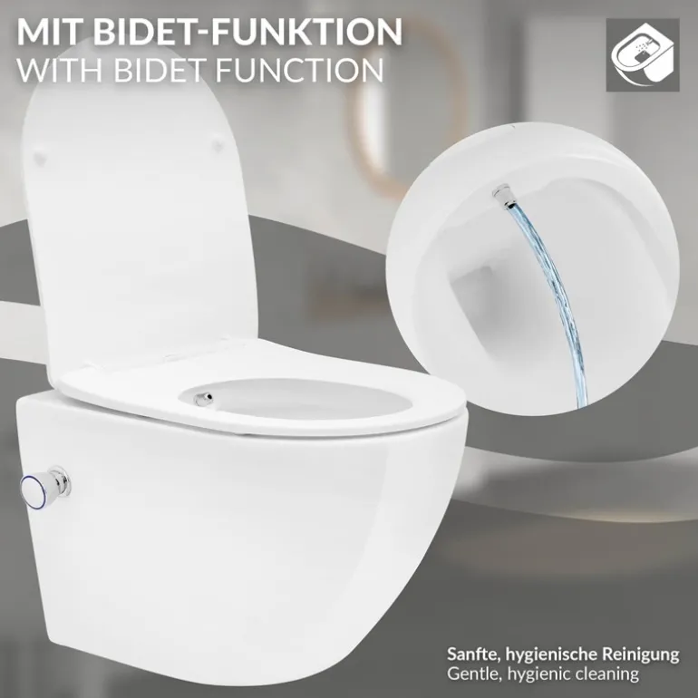 Wand-WC Hänge Toilette aus Keramik 49 cm lang Spülrandlos mit Bidet, Nanoversiegelung & Softclose Luxebath