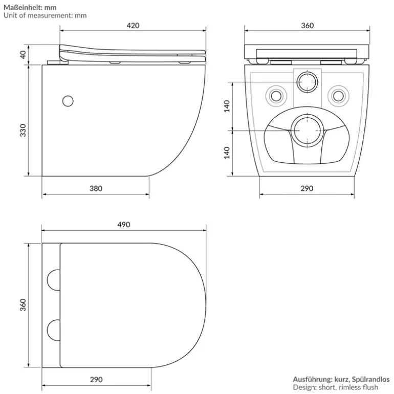 Wand-WC Hänge Toilette aus Keramik 49 cm lang Spülrandlos mit Bidet, Nanoversiegelung & Softclose Luxebath