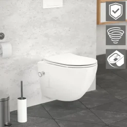 Wand-WC Hänge Toilette aus Keramik 49 cm lang Spülrandlos mit Bidet, Nanoversiegelung & Softclose Luxebath
