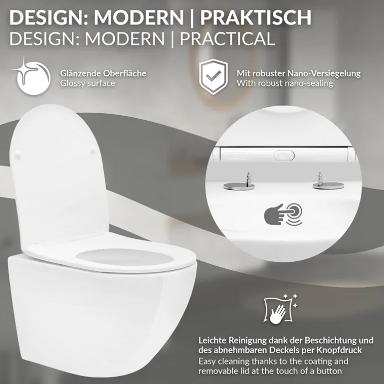 Wand-WC Hänge Toilette aus Keramik 49 cm lang Spülrandlos mit Nanoversiegelung & Softclose Luxebath