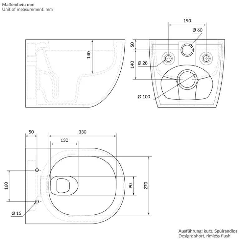 Wand-WC Hänge Toilette aus Keramik 49 cm lang Spülrandlos mit Nanoversiegelung & Softclose Luxebath