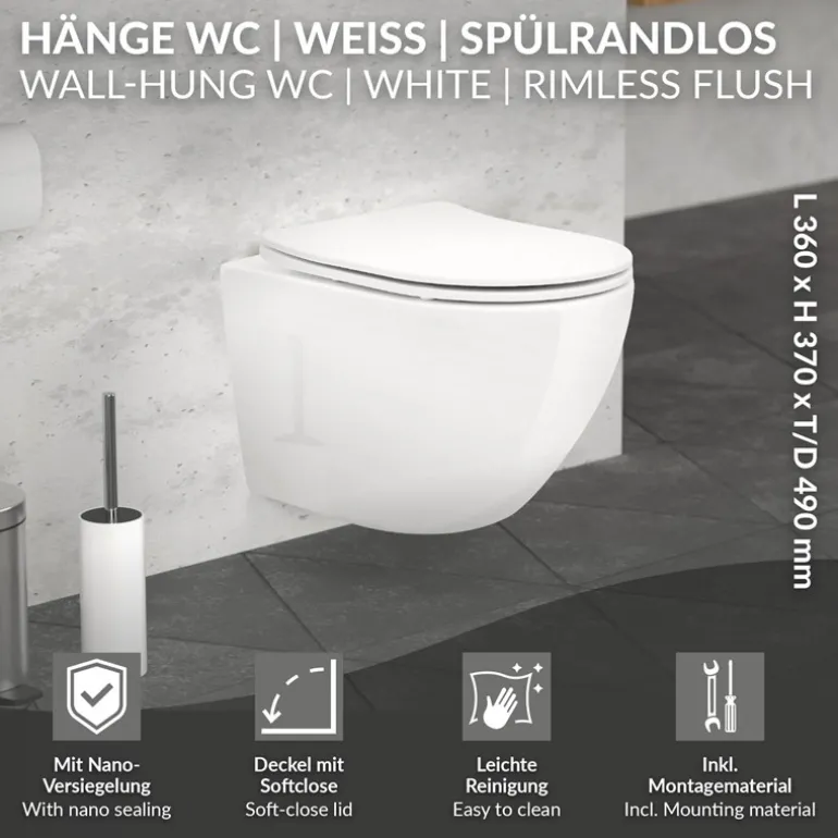 Wand-WC Hänge Toilette aus Keramik 49 cm lang Spülrandlos mit Nanoversiegelung & Softclose Luxebath