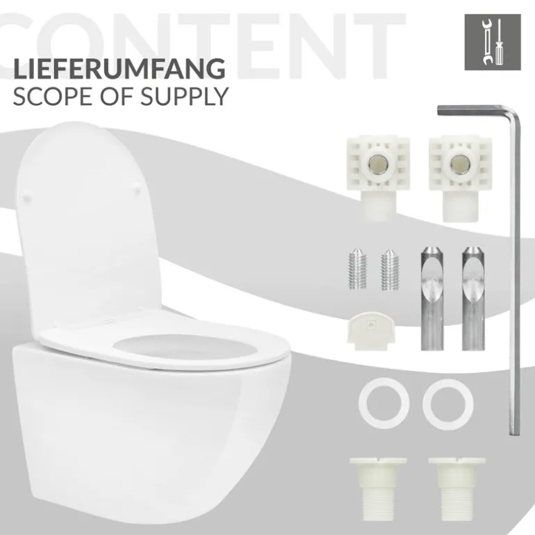 Wand-WC Hänge Toilette aus Keramik 49 cm lang Spülrandlos mit Nanoversiegelung & Softclose Luxebath
