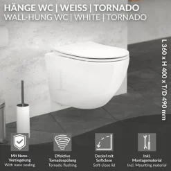 Wand-WC Hänge Toilette aus Keramik 49 cm lang Spülrandlos mit Nanoversiegelung & Softclose Luxebath