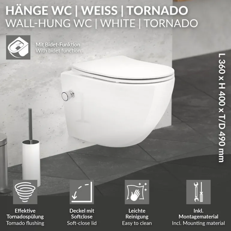 Wand-WC Hänge Toilette aus Keramik 49cm lang Spülrandlos mit Bidet & Softclose Luxebath