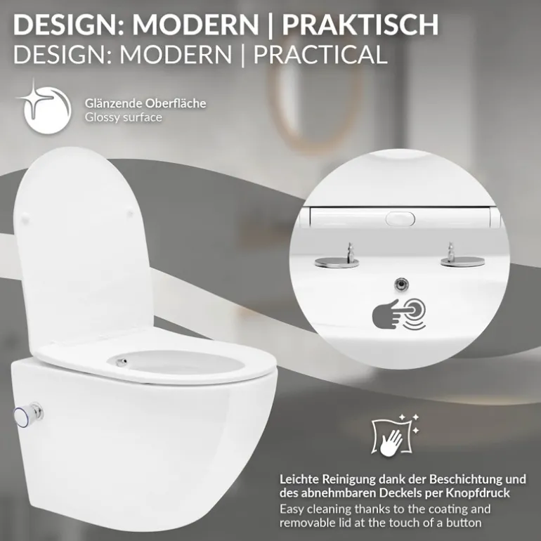 Wand-WC Hänge Toilette aus Keramik 49cm lang Spülrandlos mit Bidet & Softclose Luxebath