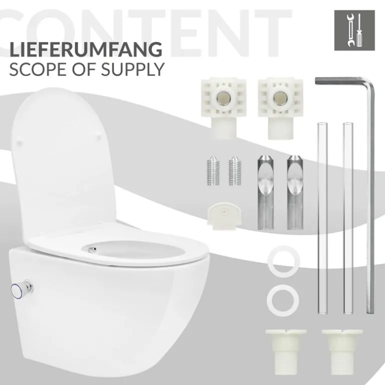 Wand-WC Hänge Toilette aus Keramik 49cm lang Spülrandlos mit Bidet & Softclose Luxebath