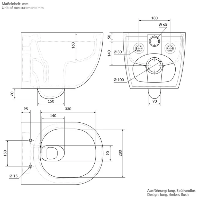 Wand-WC Hänge Toilette aus Keramik 52 cm lang Spülrandlos mit Nanoversiegelung& Softclose Luxebath