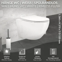 Wand-WC Hänge Toilette aus Keramik 52 cm Spülrandlos mit Softclose LuxeBath