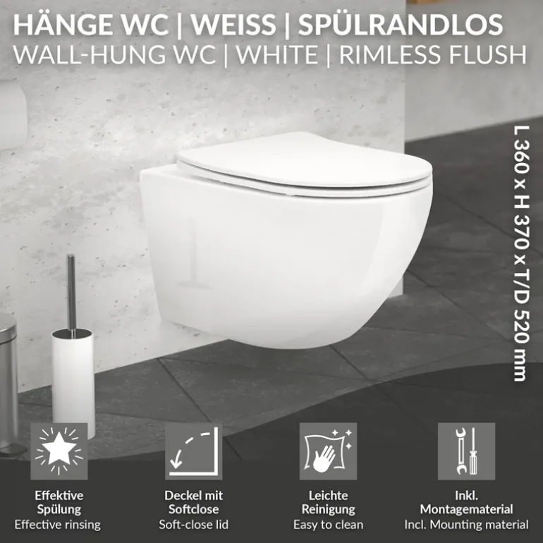 Wand-WC Hänge Toilette aus Keramik 52 cm Spülrandlos mit Softclose LuxeBath