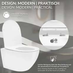 Wand-WC Hänge Toilette aus Keramik 52 cm Spülrandlos mit Softclose LuxeBath