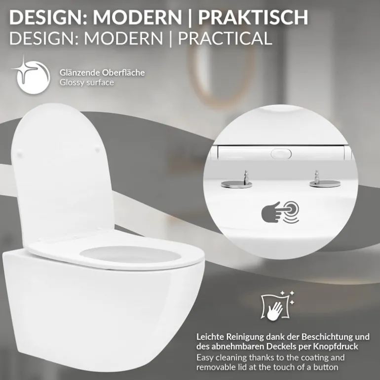 Wand-WC Hänge Toilette aus Keramik 52 cm Spülrandlos mit Softclose LuxeBath