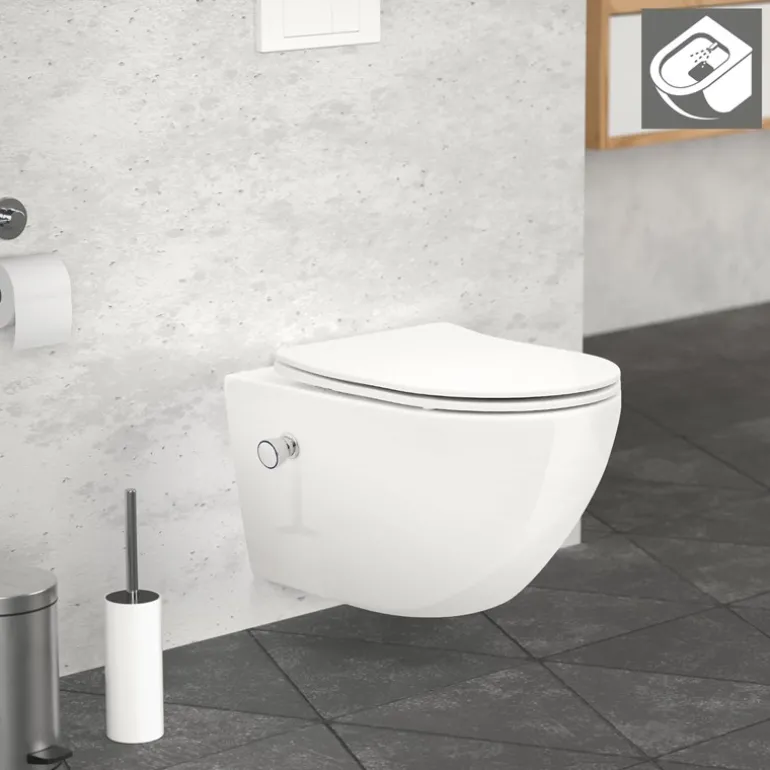 Wand-WC Hänge Toilette aus Keramik 54 cm lang Spülrandlos mit Bidet & Softclose LuxeBath