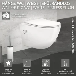 Wand-WC Hänge Toilette aus Keramik 54 cm lang Spülrandlos mit Bidet & Softclose LuxeBath