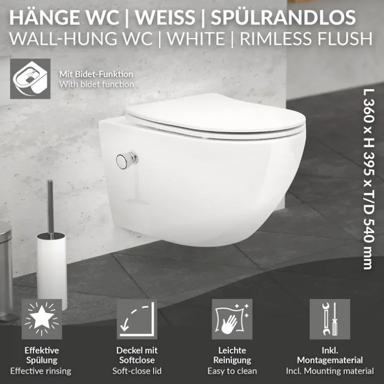 Wand-WC Hänge Toilette aus Keramik 54 cm lang Spülrandlos mit Bidet & Softclose LuxeBath
