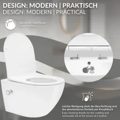 Wand-WC Hänge Toilette aus Keramik 54 cm lang Spülrandlos mit Bidet & Softclose LuxeBath