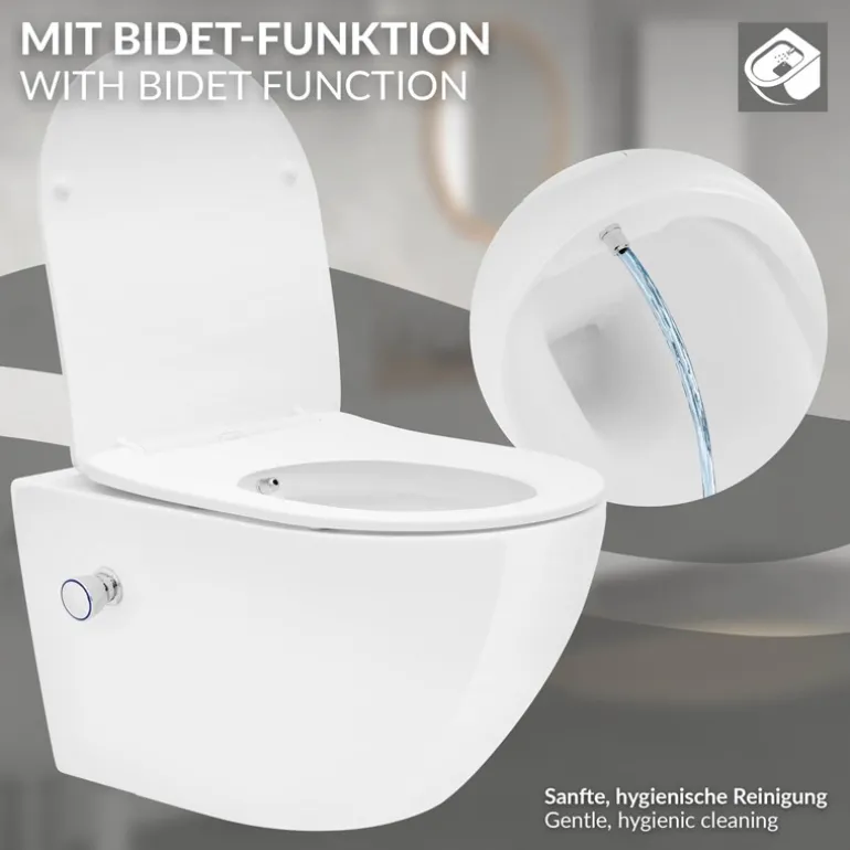 Wand-WC Hänge Toilette aus Keramik 54 cm lang Spülrandlos mit Bidet & Softclose LuxeBath