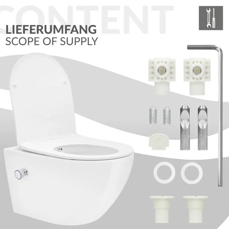 Wand-WC Hänge Toilette aus Keramik 54 cm lang Spülrandlos mit Bidet & Softclose LuxeBath