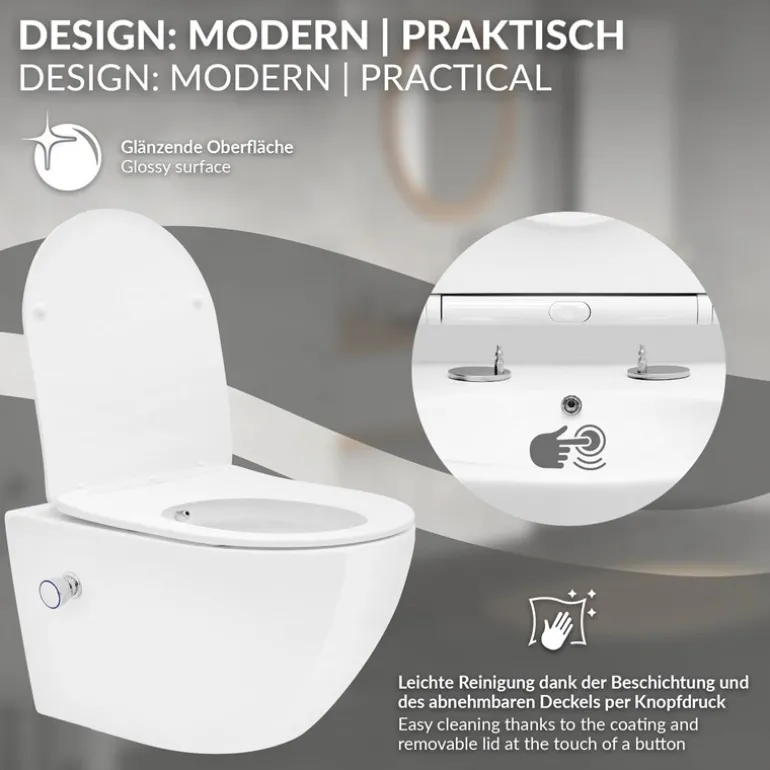 Wand-WC Hänge Toilette aus Keramik 54 cm lang Spülrandlos mit Bidet & Softclose Luxebath