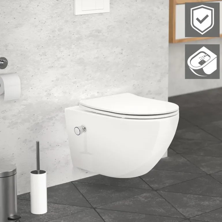 Wand-WC Hänge Toilette aus Keramik 54 cm lang Spülrandlos mit Bidet, Nanoversiegelung & Softclose Luxebath