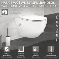 Wand-WC Hänge Toilette aus Keramik 54 cm lang Spülrandlos mit Bidet, Nanoversiegelung & Softclose Luxebath