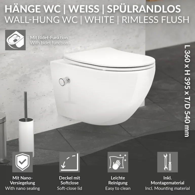 Wand-WC Hänge Toilette aus Keramik 54 cm lang Spülrandlos mit Bidet, Nanoversiegelung & Softclose Luxebath