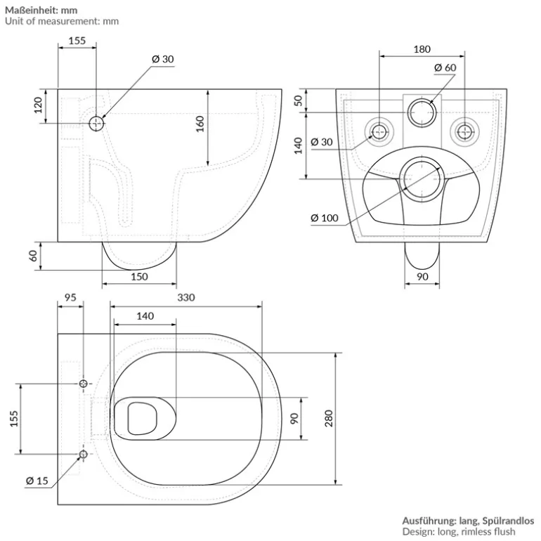 Wand-WC Hänge Toilette aus Keramik 54 cm lang Spülrandlos mit Bidet, Nanoversiegelung & Softclose Luxebath
