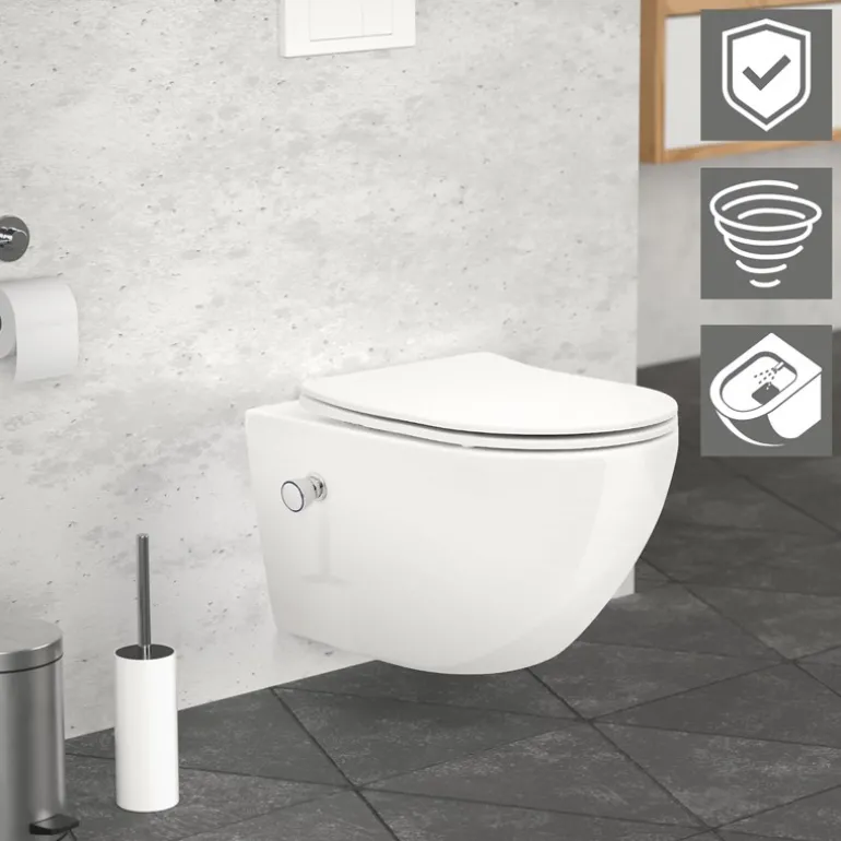 Wand-WC Hänge Toilette aus Keramik 54 cm lang Spülrandlos mit Bidet, Nanoversiegelung & Softclose Luxebath