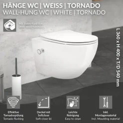 Wand-WC Hänge Toilette aus Keramik 54 cm lang Spülrandlos mit Bidet, Nanoversiegelung & Softclose Luxebath