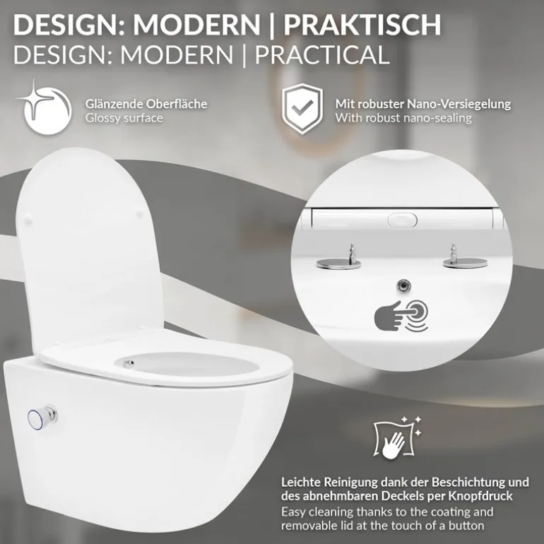 Wand-WC Hänge Toilette aus Keramik 54 cm lang Spülrandlos mit Bidet, Nanoversiegelung & Softclose Luxebath