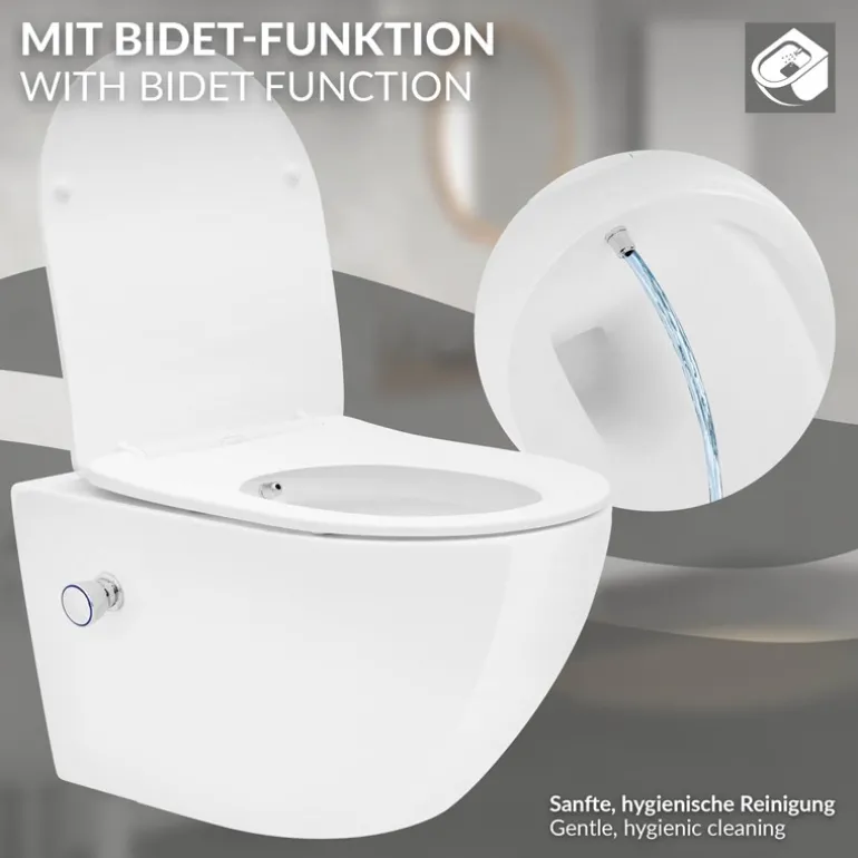 Wand-WC Hänge Toilette aus Keramik 54 cm lang Spülrandlos mit Bidet, Nanoversiegelung & Softclose Luxebath