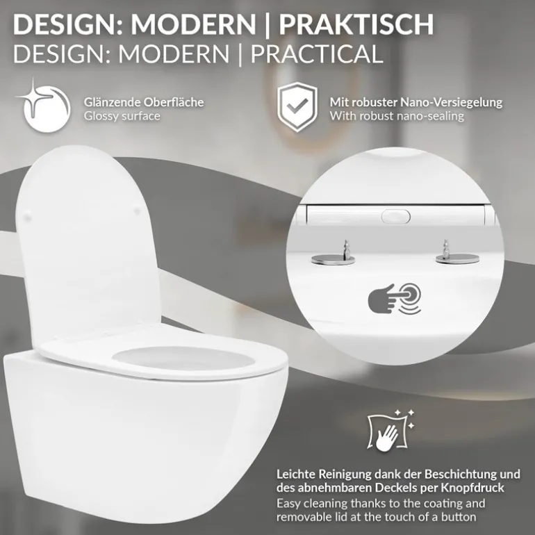 Wand-WC Hänge Toilette aus Keramik 54 cm lang Spülrandlos mit Nanoversiegelung & Softclose Luxebath