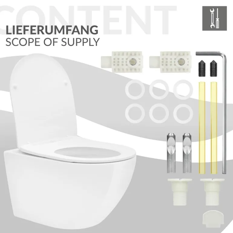 Wand-WC Hänge Toilette aus Keramik 54 cm lang Spülrandlos mit Nanoversiegelung & Softclose Luxebath
